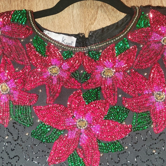 Size L Gorgeous Vintage Laurence Kazar Beaded Pointsettia Top - Picture 2 of 6